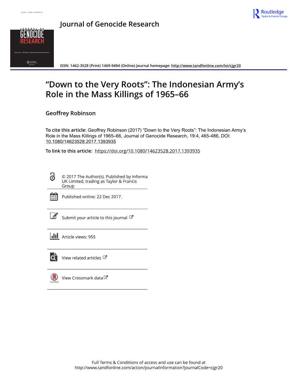 “Down to the Very Roots”: the Indonesian Army's Role in the Mass Killings of 1965–66