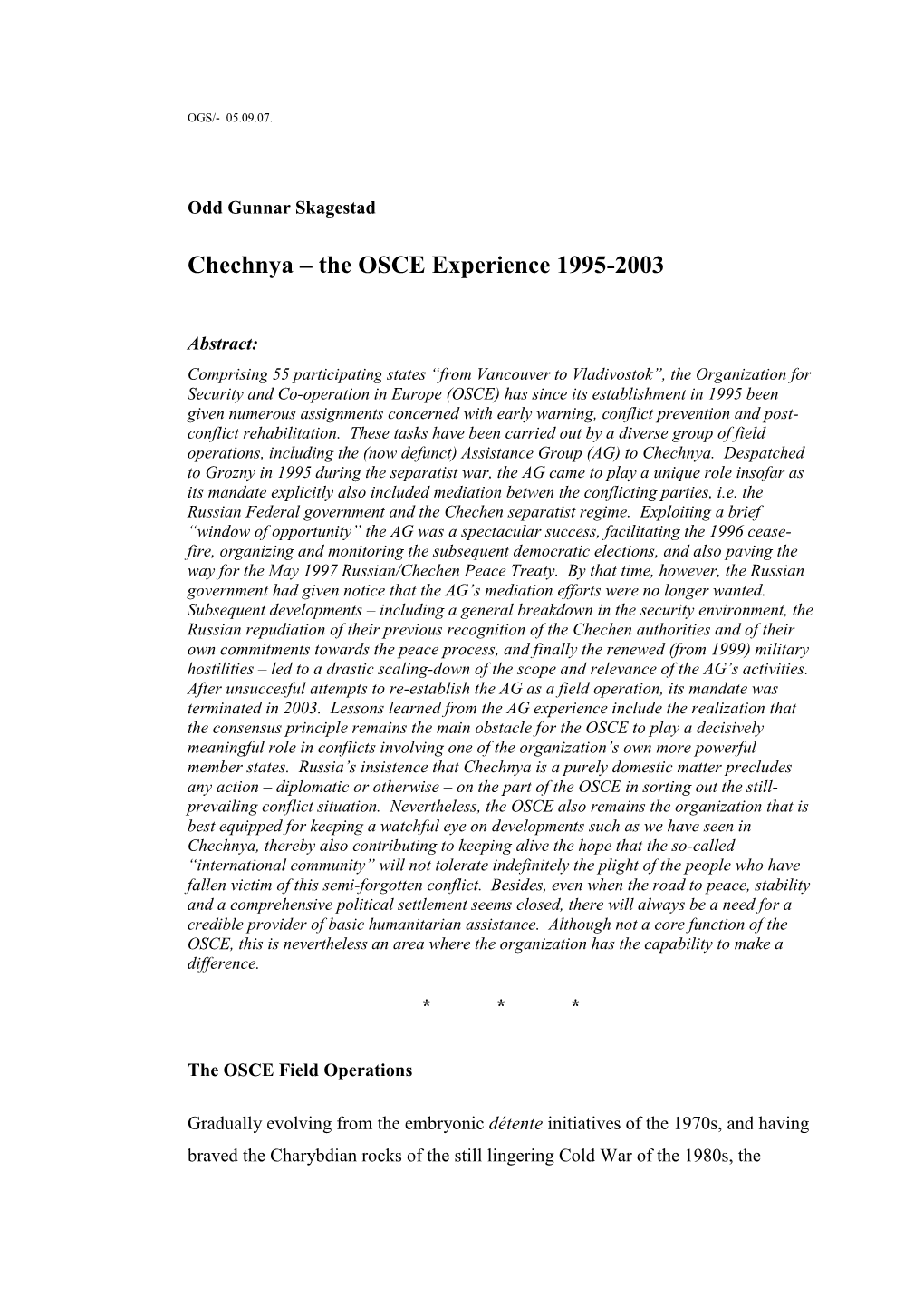 Chechnya – the OSCE Experience 1995-2003