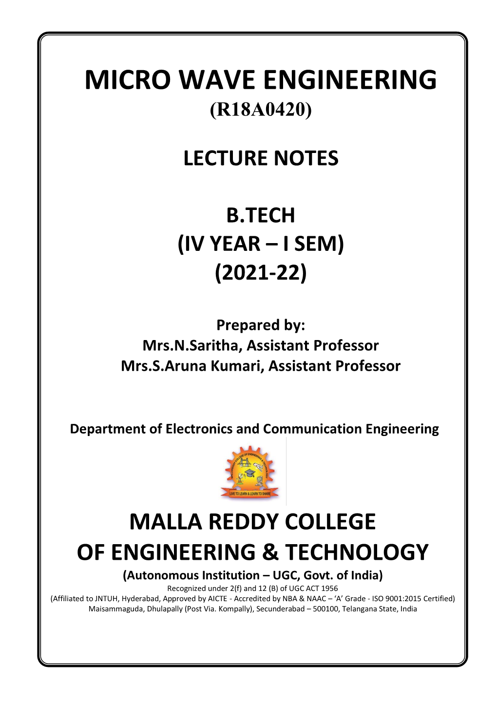 Micro Wave Engineering (R18a0420)