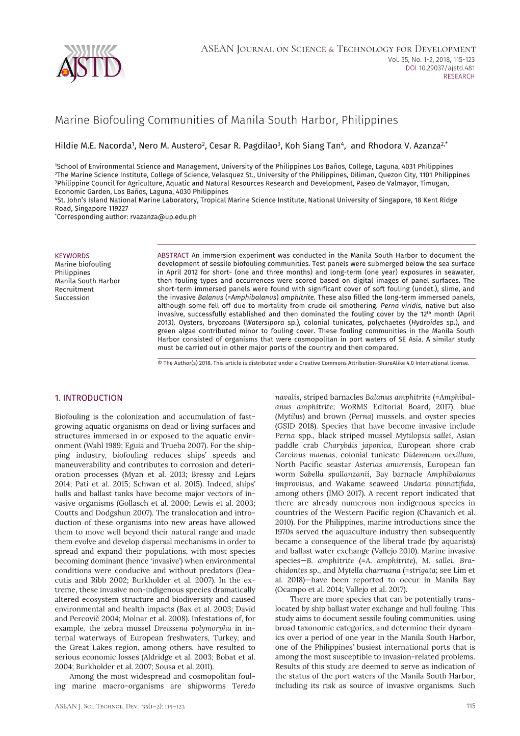 Marine Biofouling Communities of Manila South Harbor, Philippines