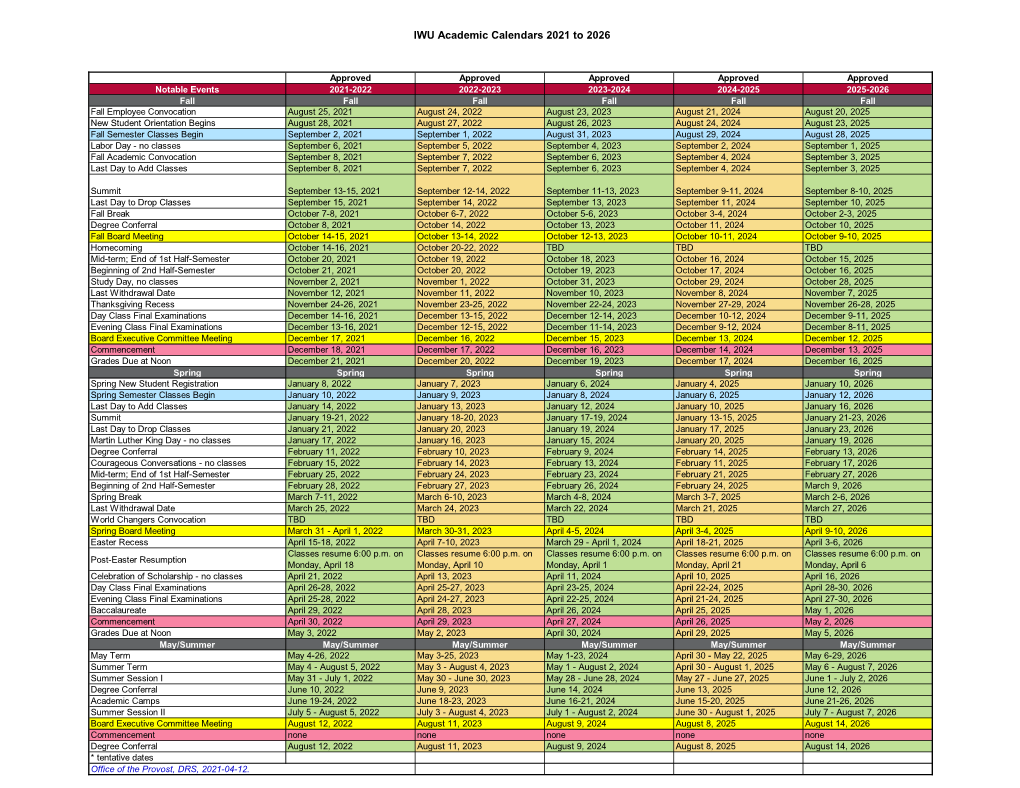 IWU Academic Calendars 2021 to 2026