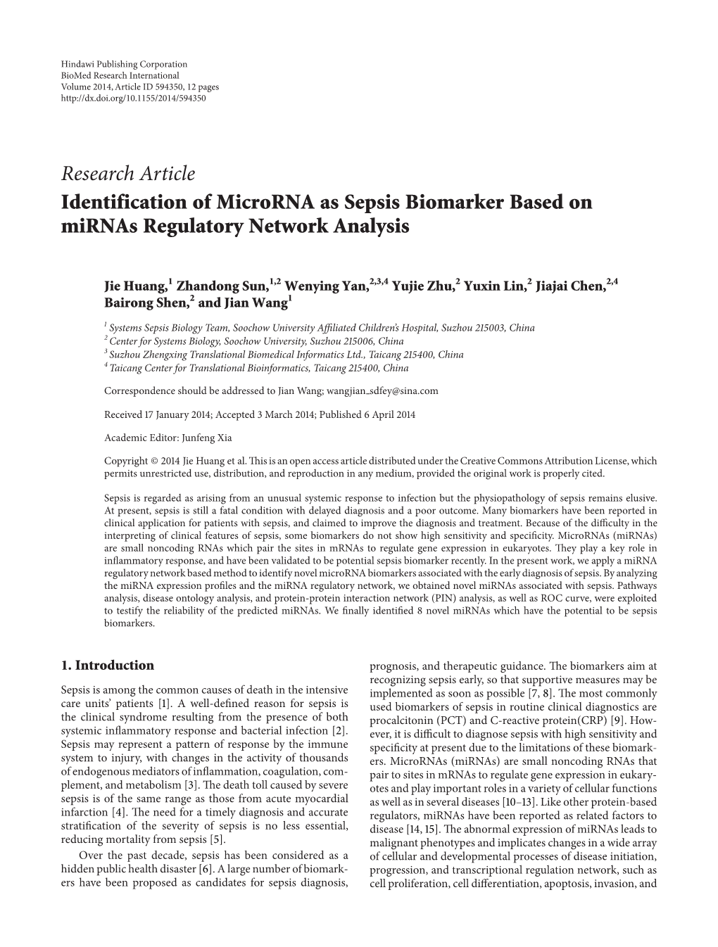 Research Article Identification of Microrna As Sepsis Biomarker Based on Mirnas Regulatory Network Analysis