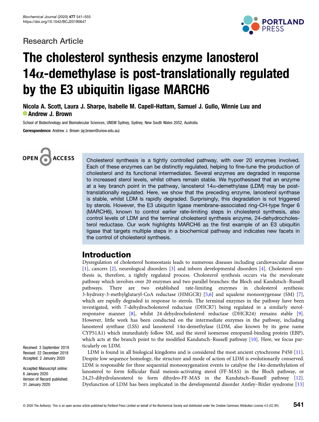 The Cholesterol Synthesis Enzyme Lanosterol 14Α-Demethylase Is Post-Translationally Regulated by the E3 Ubiquitin Ligase MARCH6