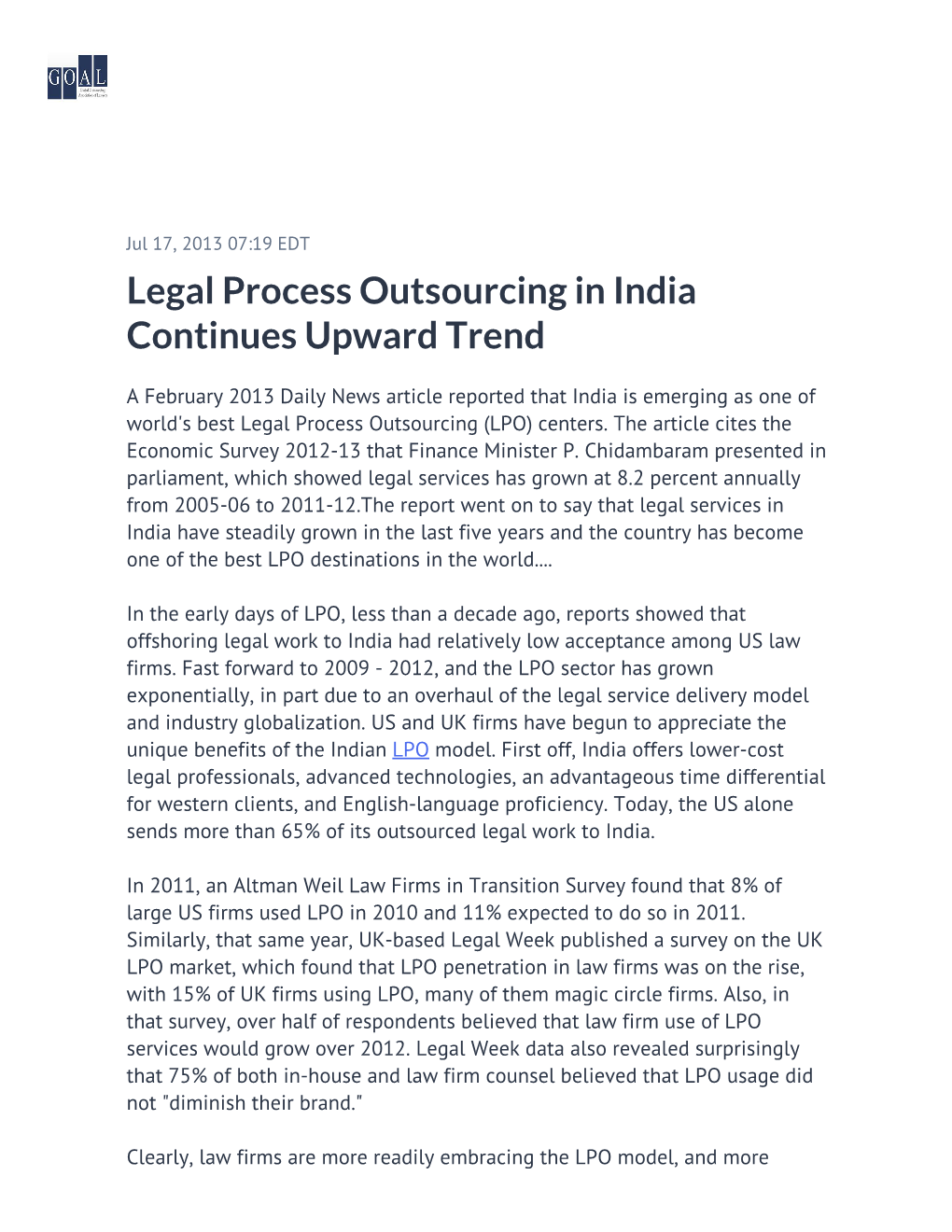Legal Process Outsourcing in India Continues Upward Trend