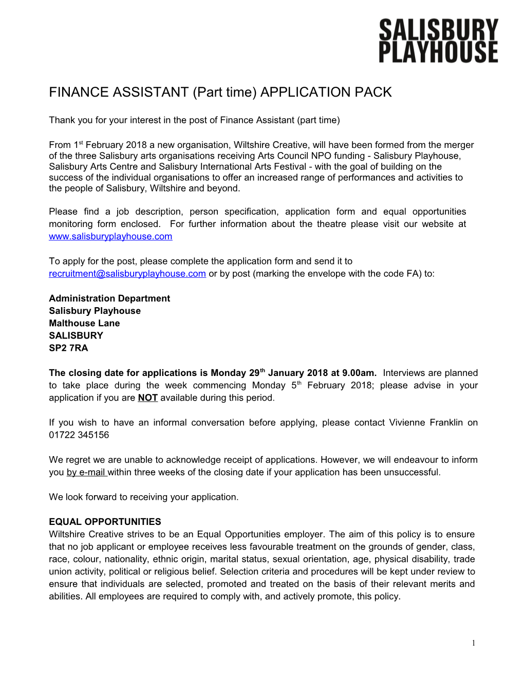 FINANCE ASSISTANT (Part Time) APPLICATION PACK