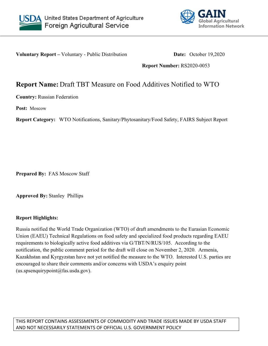 Report Name:Draft TBT Measure on Food Additives Notified To