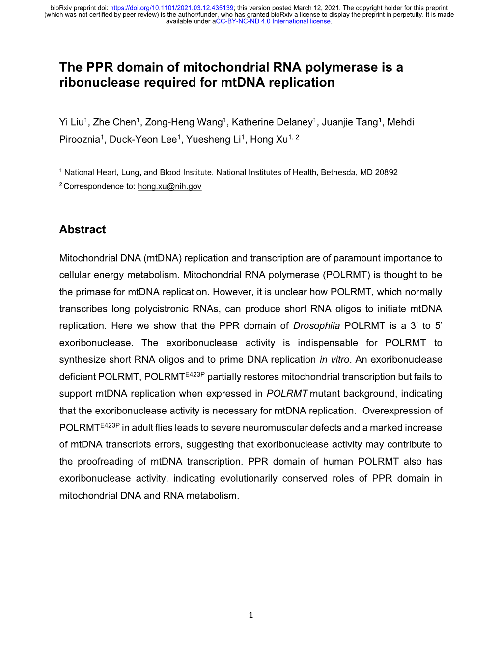 The PPR Domain of Mitochondrial RNA Polymerase Is a Ribonuclease Required for Mtdna Replication
