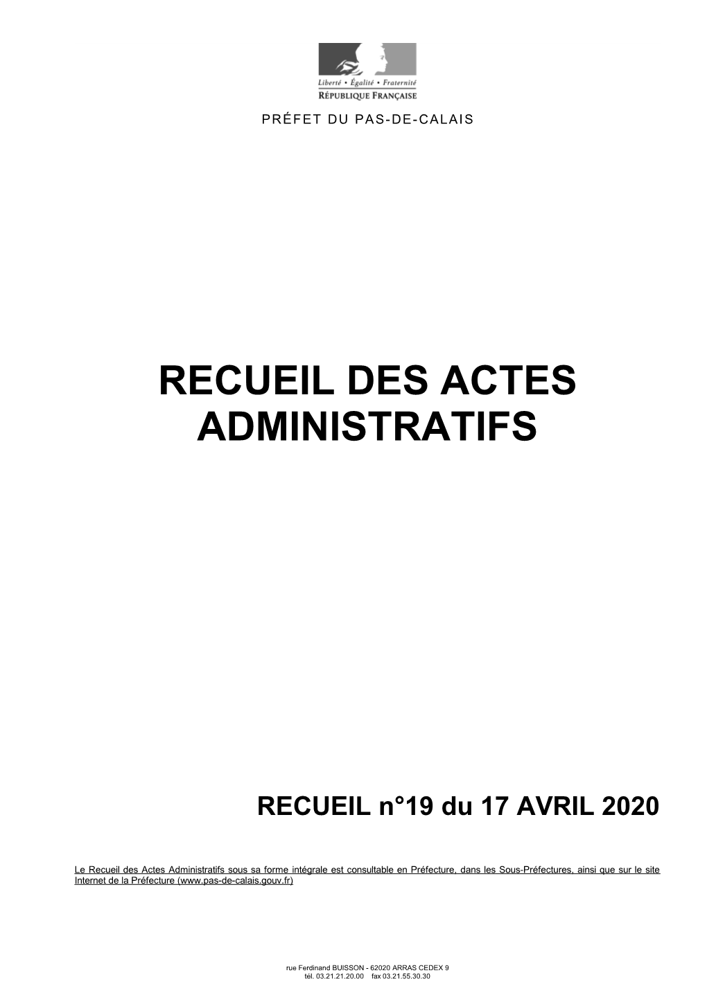 Recueil Des Actes Administratifs N°19 En Date Du 17 Avril 2020