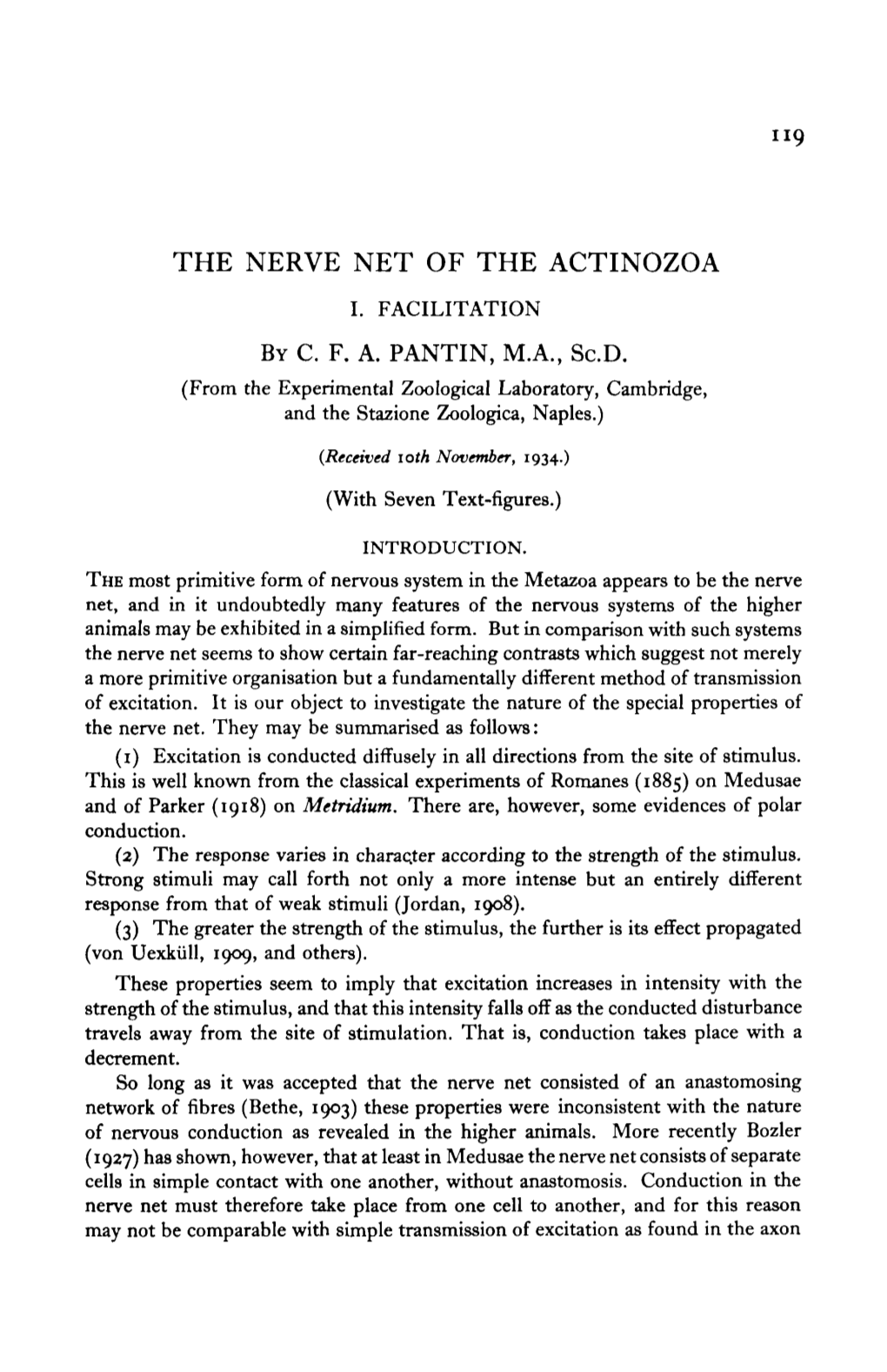 The Nerve Net of the Actinozoa I