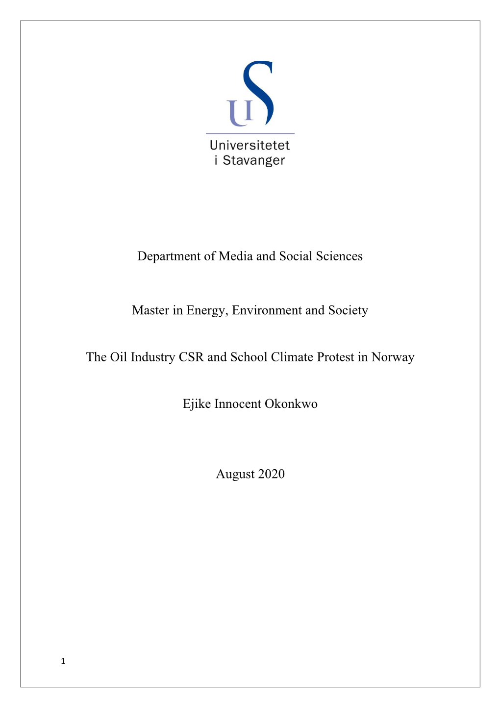 Master Thesis Title: the Oil Industry CSR and School Climate Protest in Norway