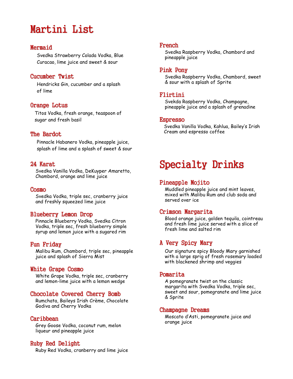 Martini List Specialty Drinks