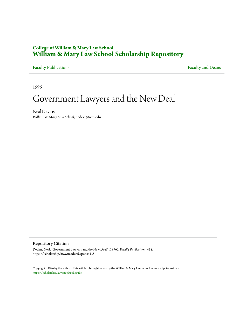 Government Lawyers and the New Deal Neal Devins William & Mary Law School, Nedevi@Wm.Edu