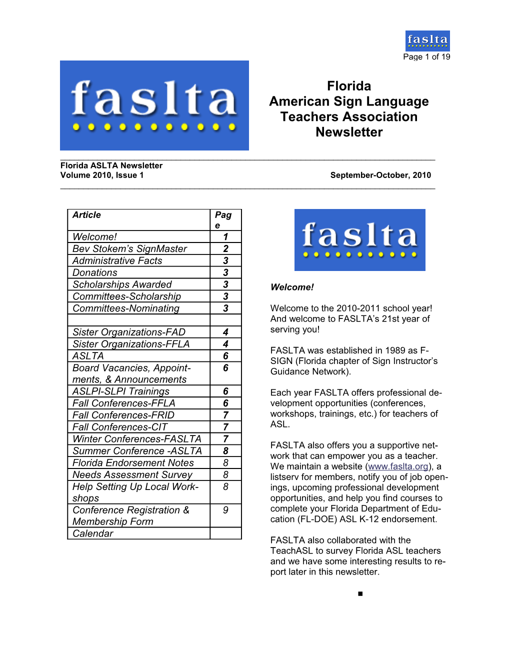 Welcome to the 2010-2011 School Year! and Welcome to FASLTA S 21St Year of Serving You!