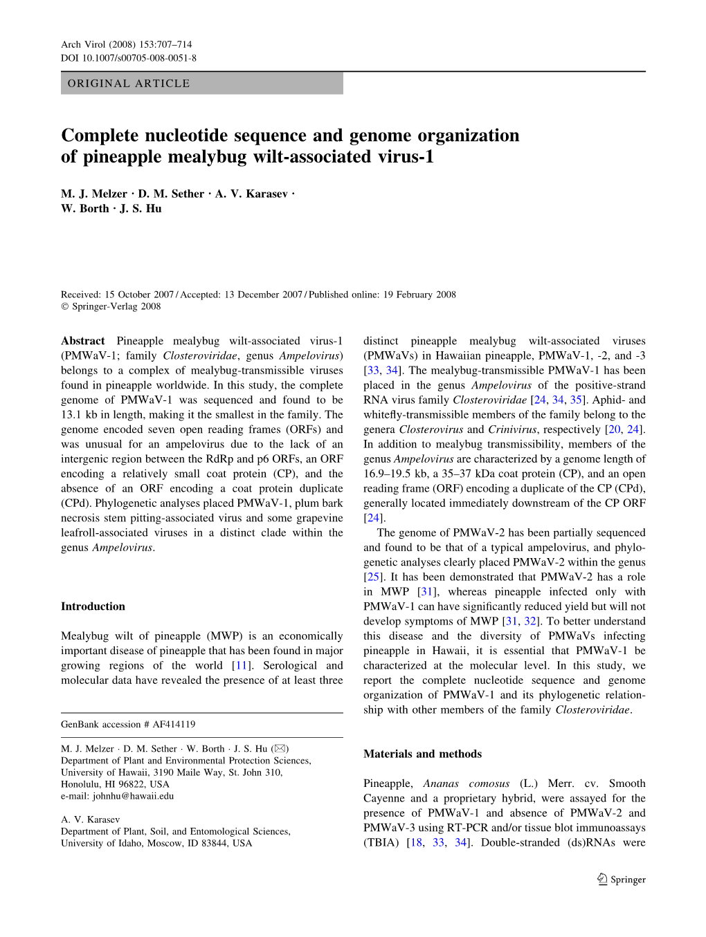 Complete Nucleotide Sequence and Genome Organization of Pineapple Mealybug Wilt-Associated Virus-1