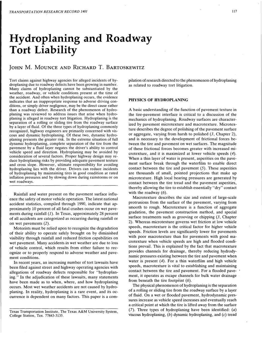 Hydroplaning and Roadway Tort Liability