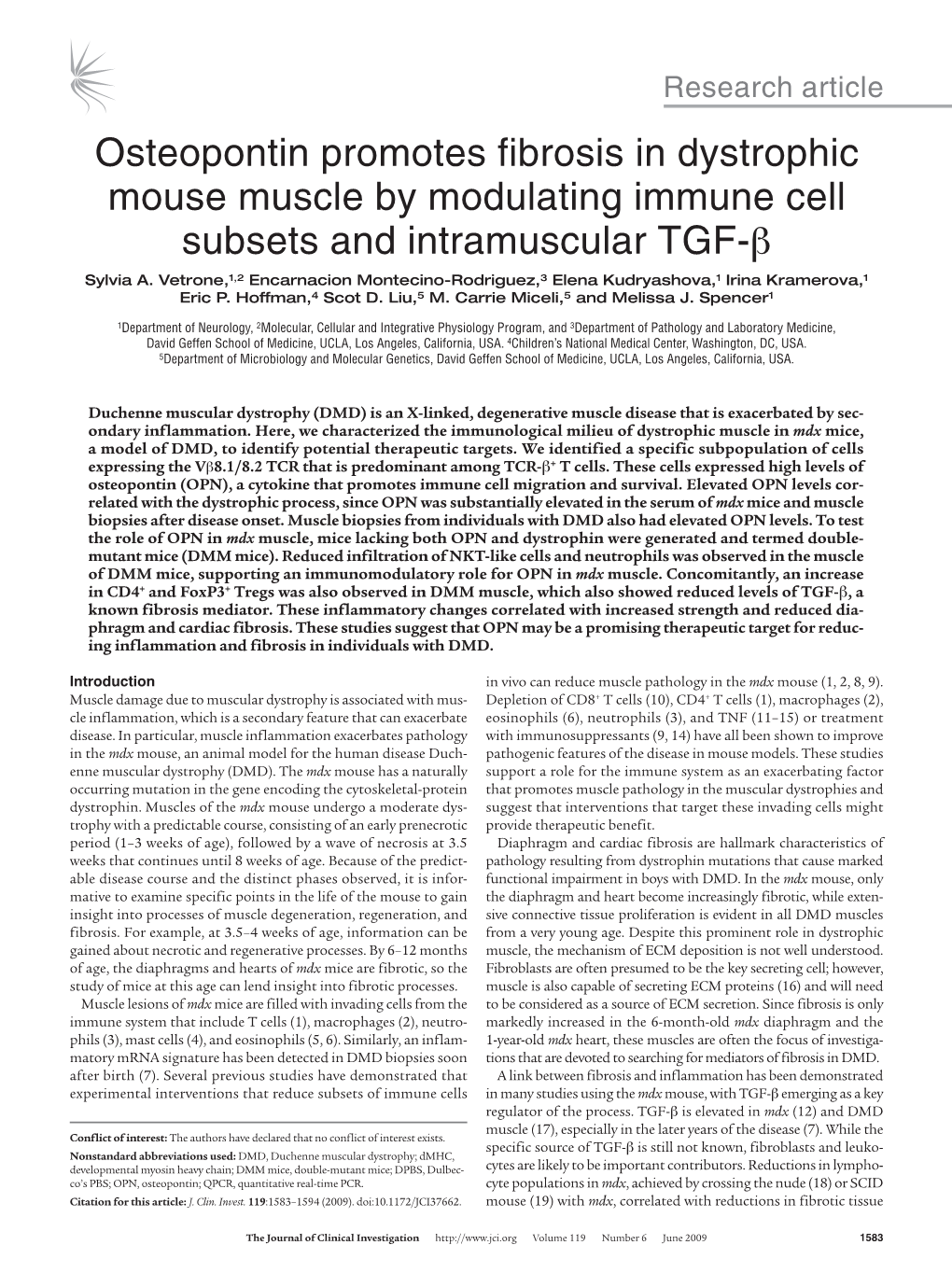 Osteopontin Promotes Fibrosis in Dystrophic Mouse Muscle by Modulating Immune Cell Subsets and Intramuscular TGF-Β Sylvia A