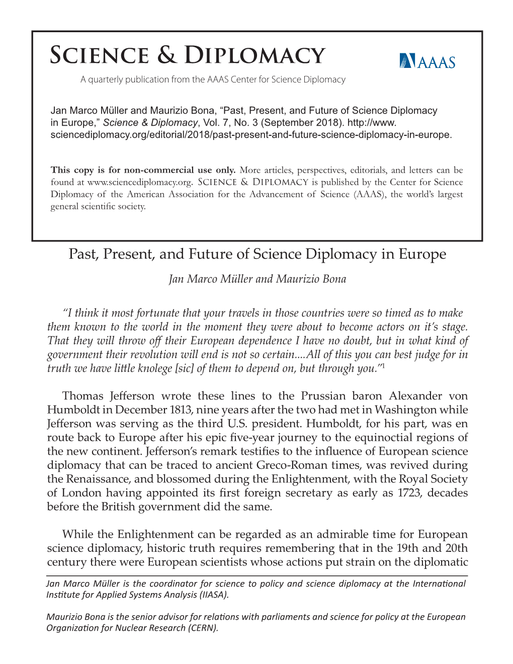 Past, Present, and Future of Science Diplomacy in Europe,” Science & Diplomacy, Vol