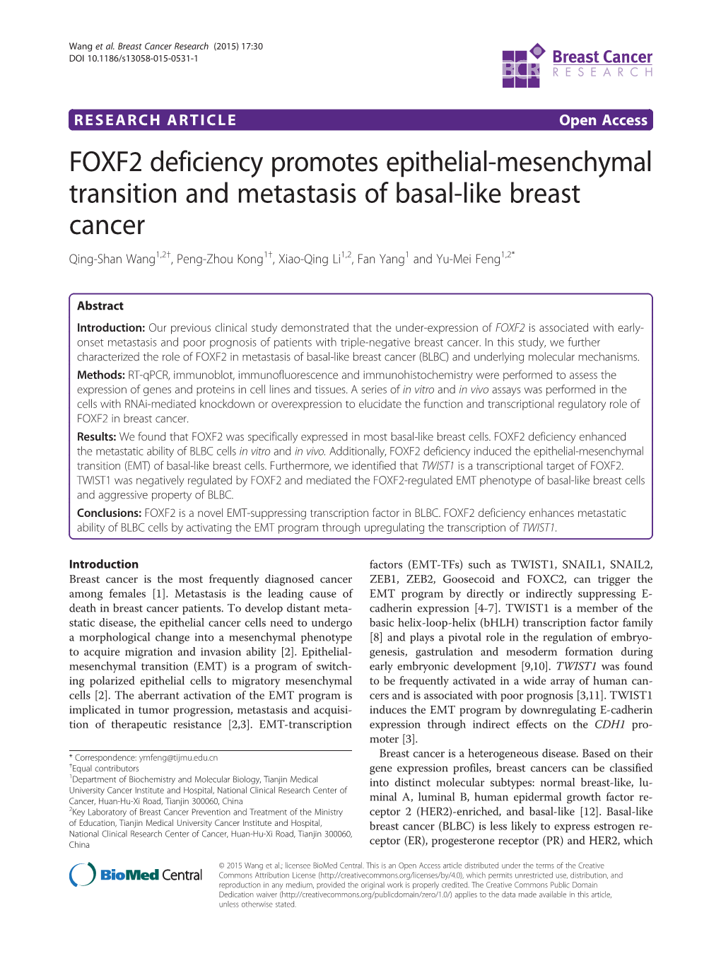 FOXF2 Deficiency Promotes Epithelial-Mesenchymal Transition and Metastasis of Basal-Like Breast Cancer