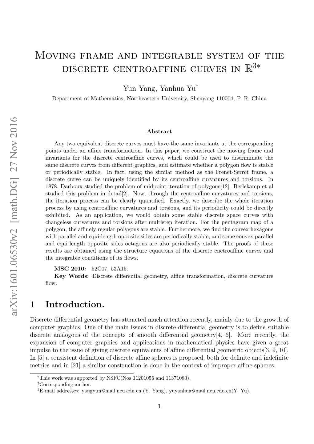 Arxiv:1601.06530V2 [Math.DG] 27 Nov 2016 Moving Frame and Integrable