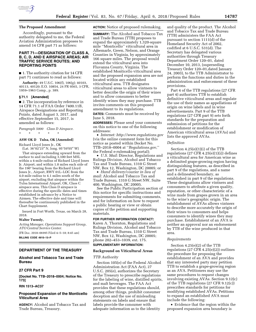 Federal Register/Vol. 83, No. 67/Friday, April 6, 2018/Proposed