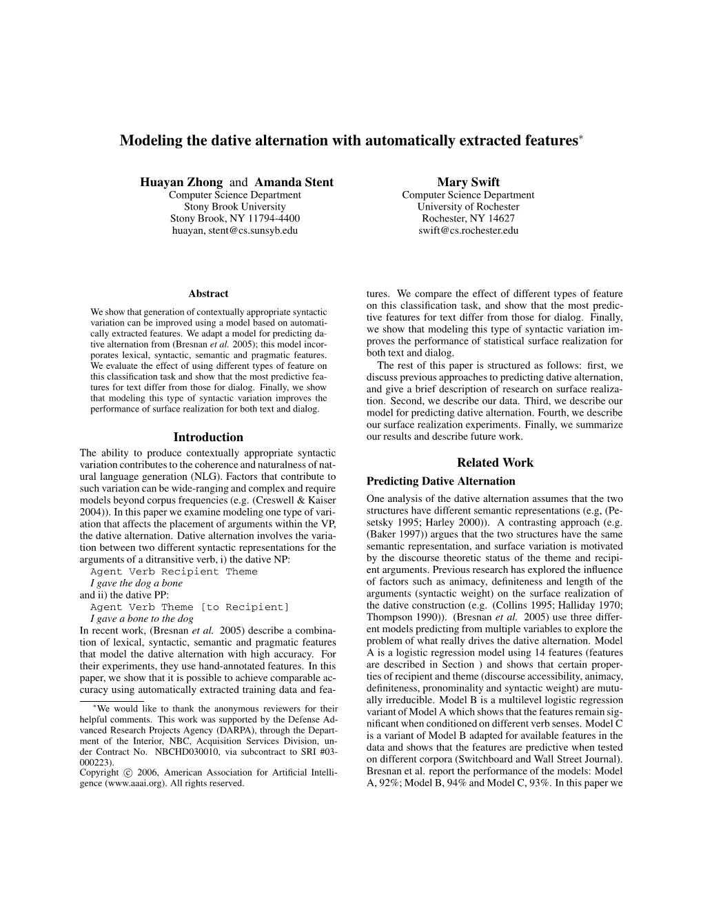 Modeling the Dative Alternation with Automatically Extracted Features∗