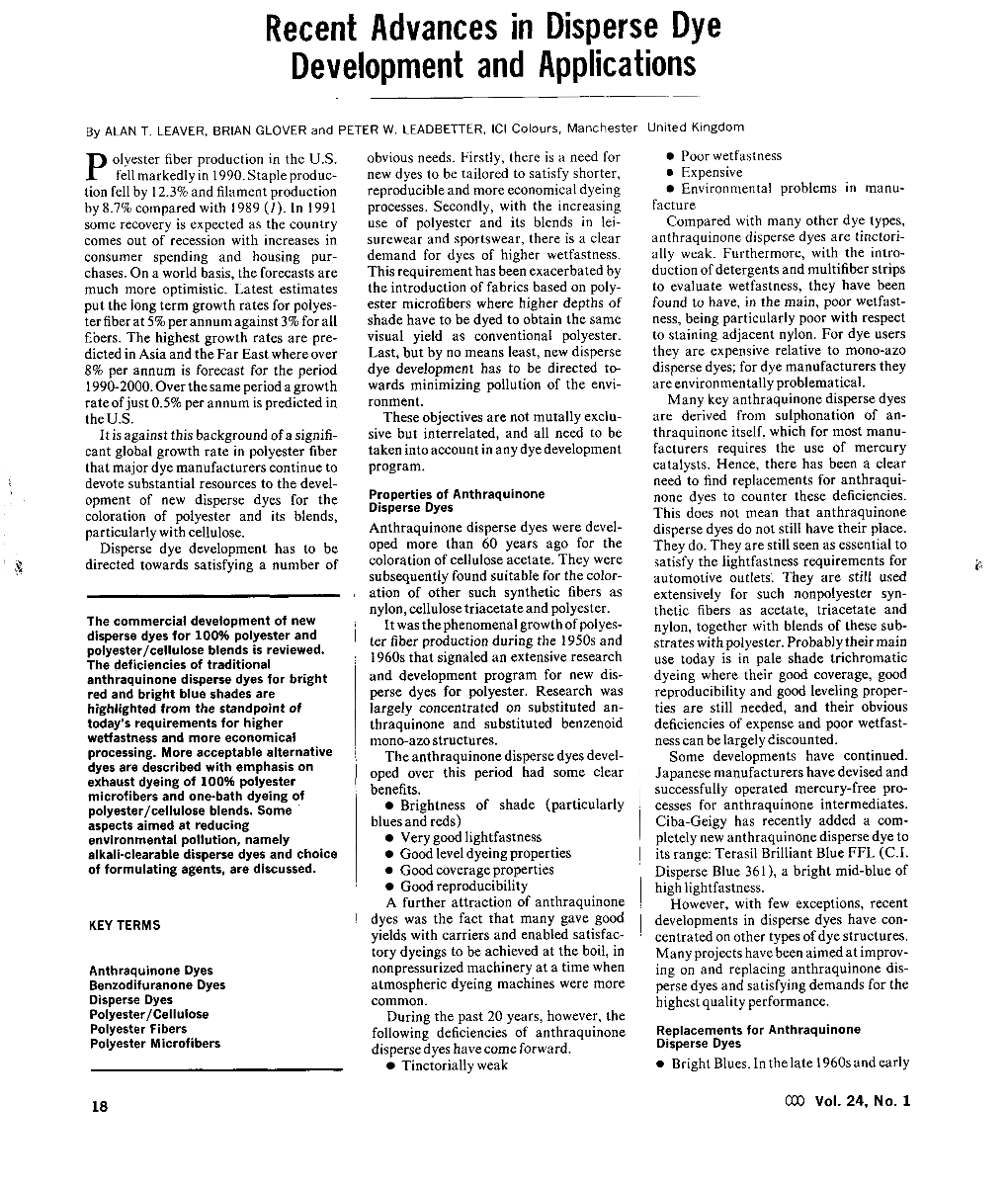 Recent Advances in Disperse Dye Development and Applications