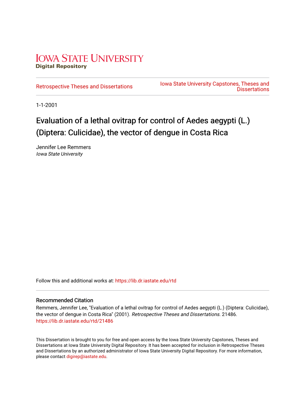 Evaluation of a Lethal Ovitrap for Control of Aedes Aegypti (L.) (Diptera: Culicidae), the Vector of Dengue in Costa Rica