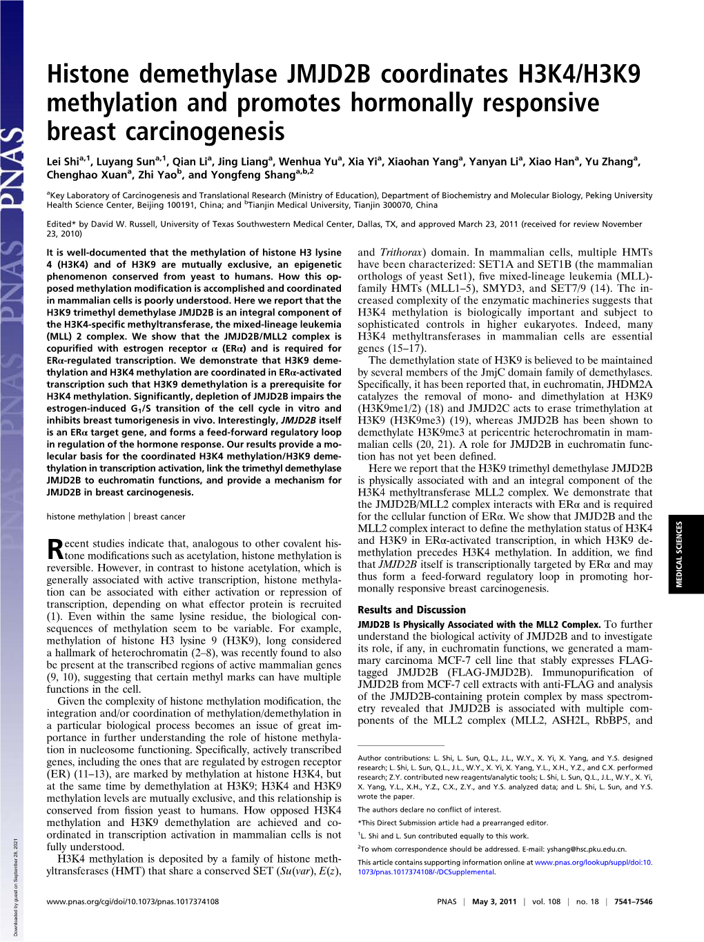 Histone Demethylase JMJD2B Coordinates H3K4/H3K9 Methylation and Promotes Hormonally Responsive Breast Carcinogenesis