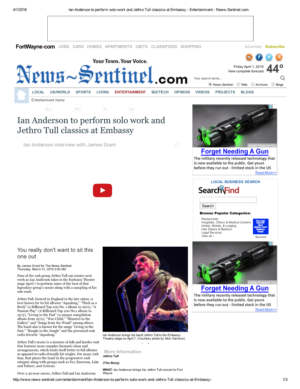 Ian Anderson to Perform Solo Work and Jethro Tull Classics at Embassy ­ Entertainment ­ News­Sentinel.Com