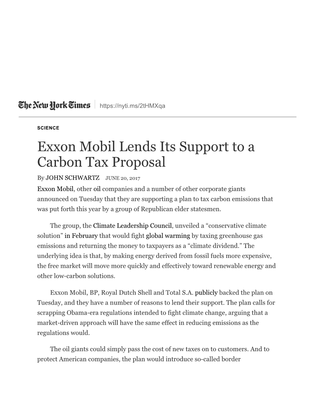 Exxon Mobil Lends Its Support to a Carbon Tax Proposal