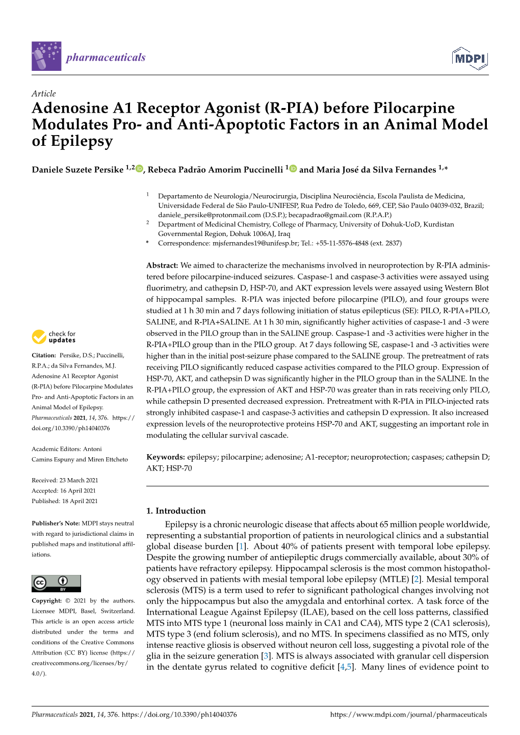 Adenosine A1 Receptor Agonist (R-PIA) Before Pilocarpine Modulates Pro- and Anti-Apoptotic Factors in an Animal Model of Epilepsy