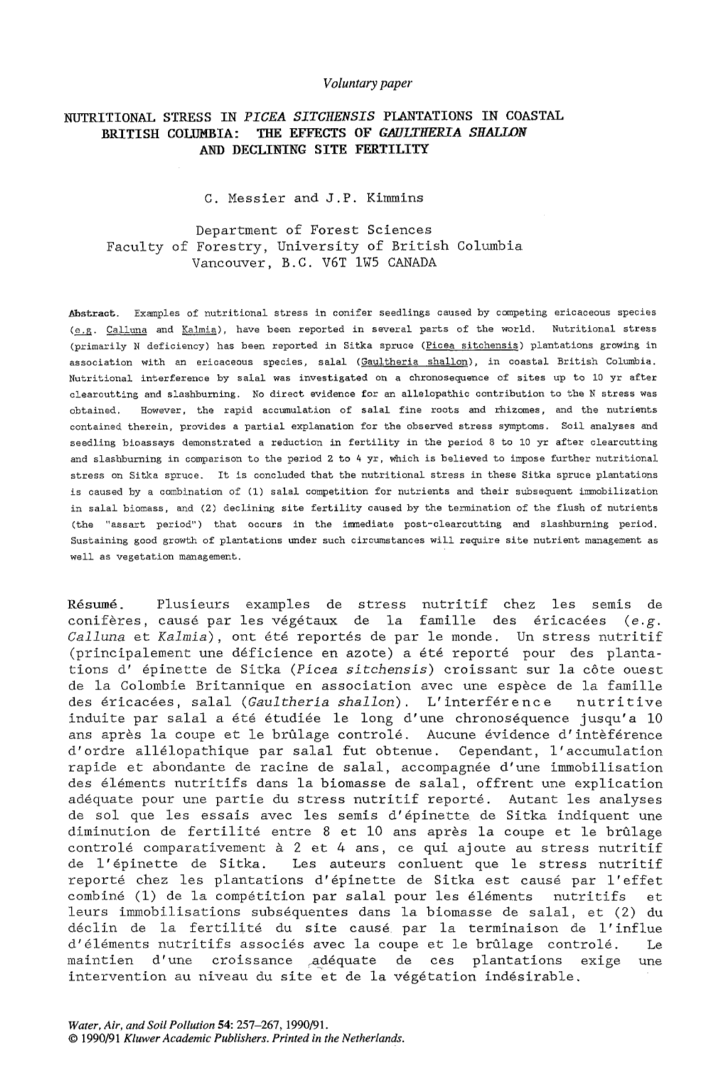 Nutritional Stress in Ficea Sitchensis Plantations in Coastal British Columbia