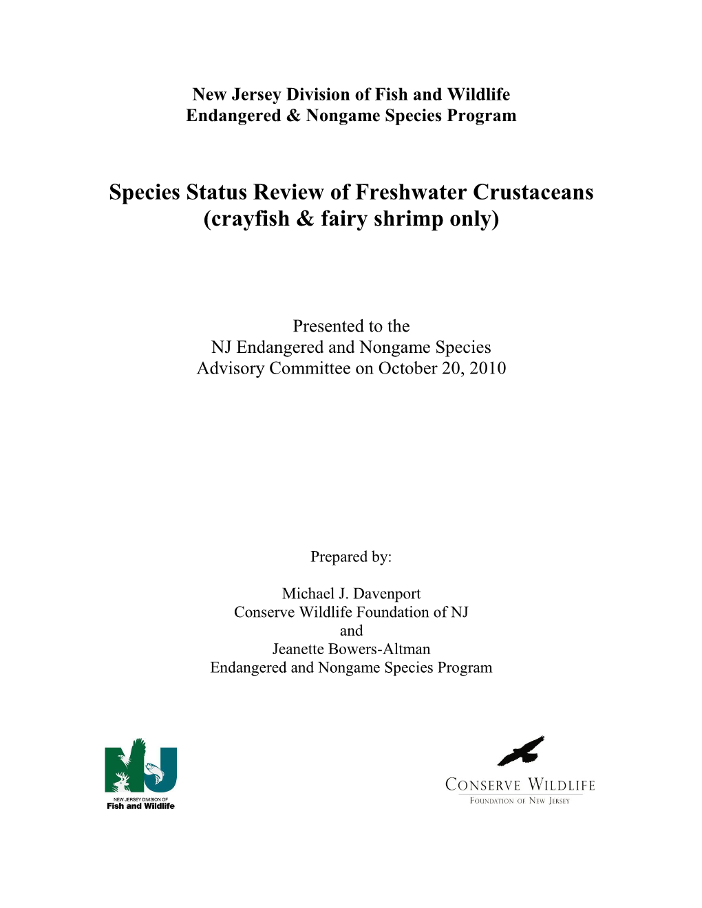 Species Status Review of Freshwater Crustaceans (Crayfish & Fairy Shrimp