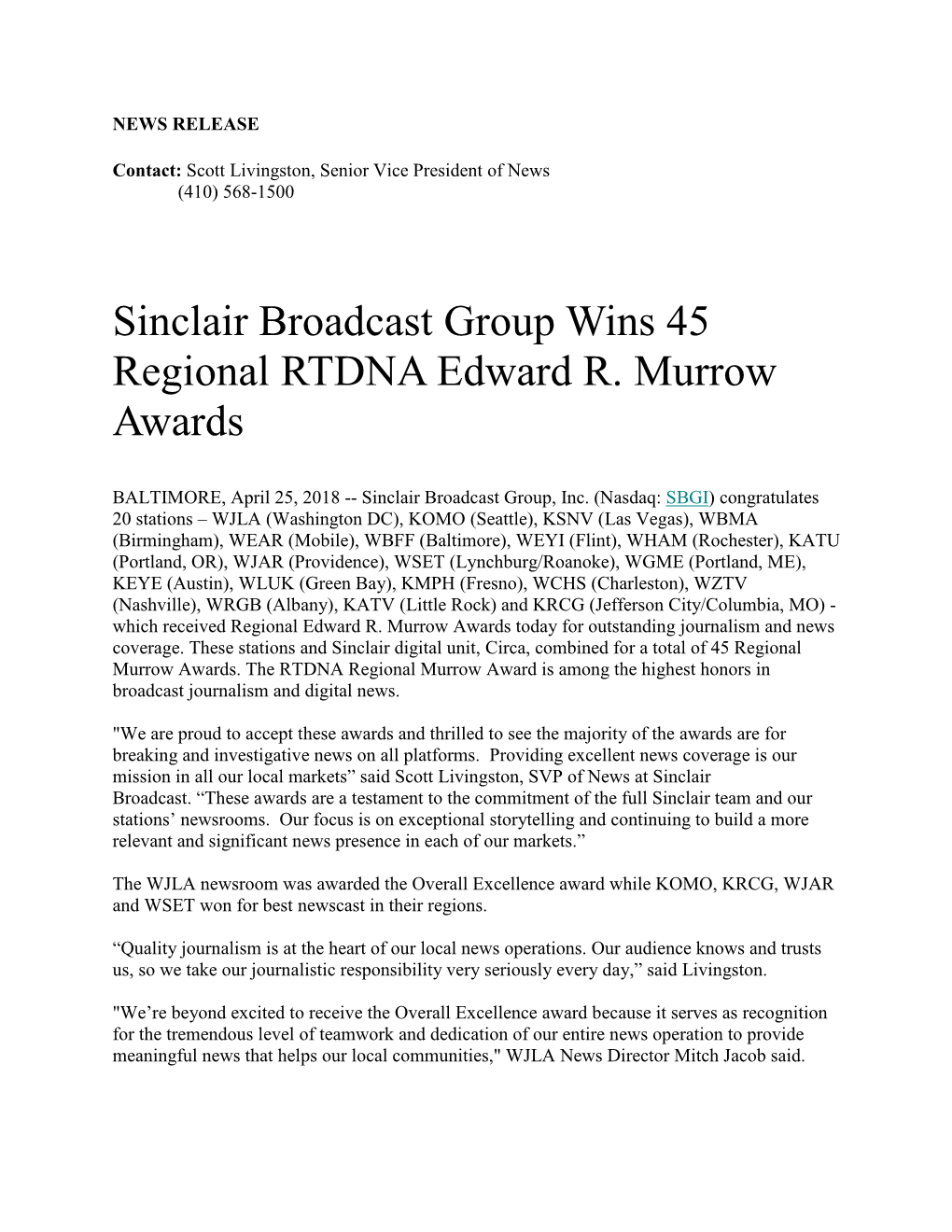 Sinclair Broadcast Stations Haul 45 Regional Edward R Awards