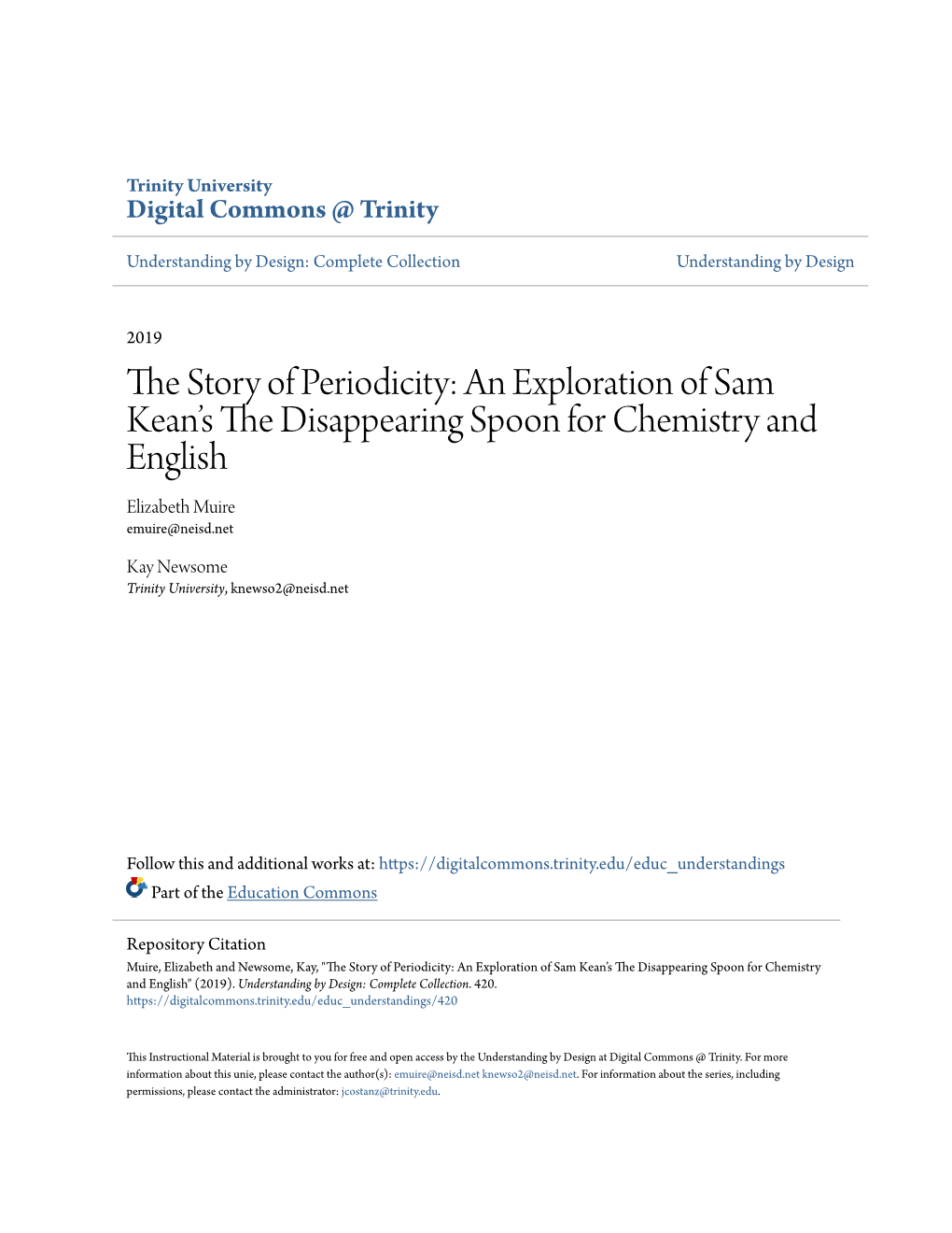 An Exploration of Sam Kean's the Disappearing Spoon for Chemistry