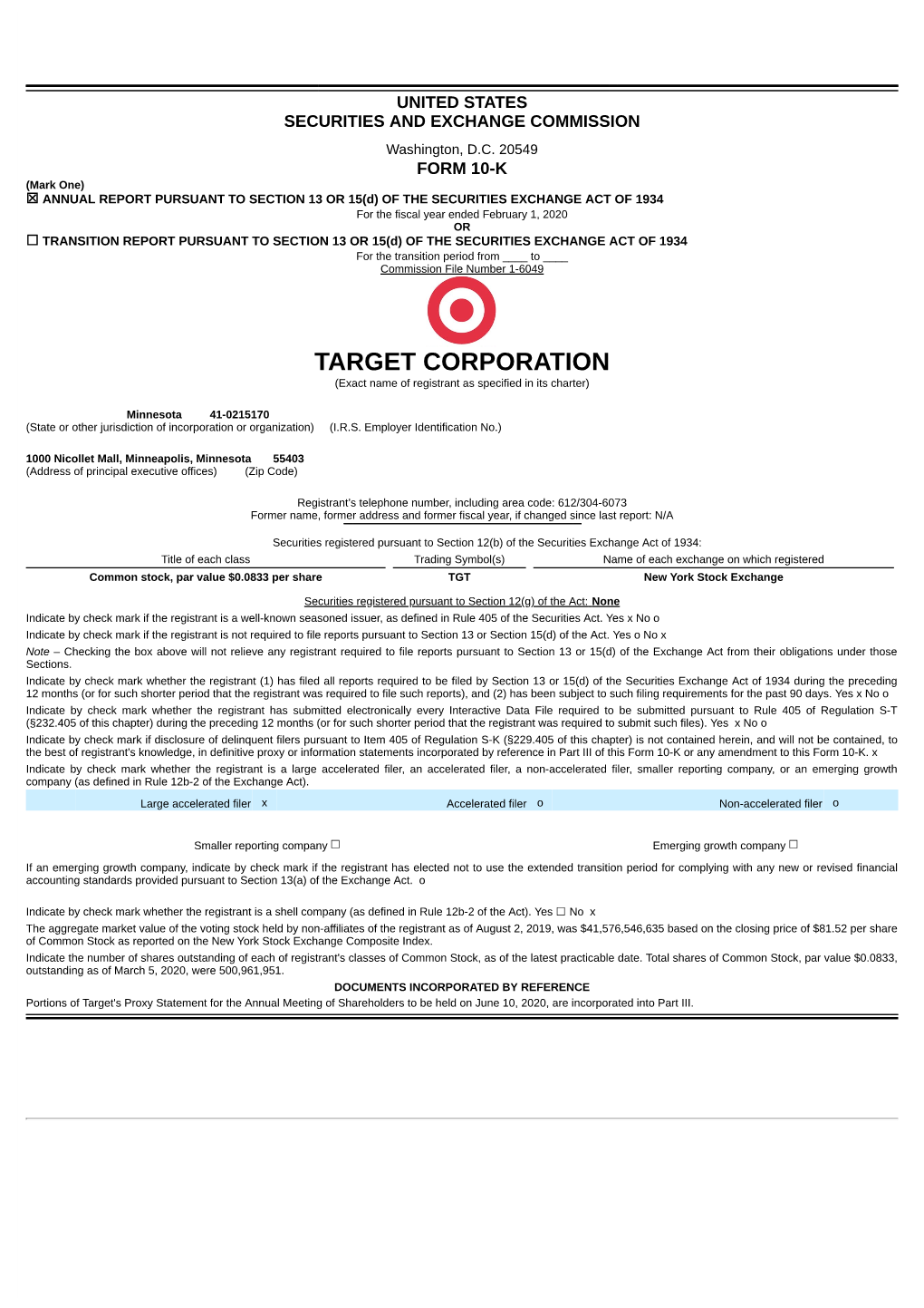 TARGET CORPORATION (Exact Name of Registrant As Specified in Its Charter)