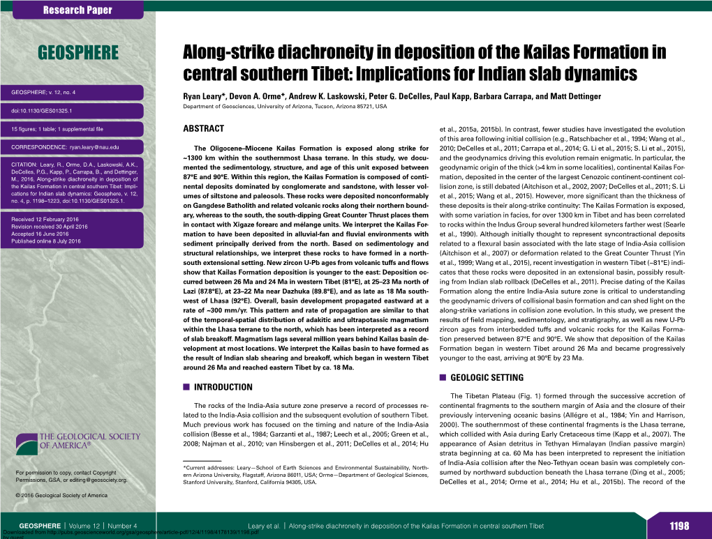 Along-Strike Diachroneity in Deposition of the Kailas Formation in Central Southern Tibet: Implications for Indian Slab Dynamics GEOSPHERE; V