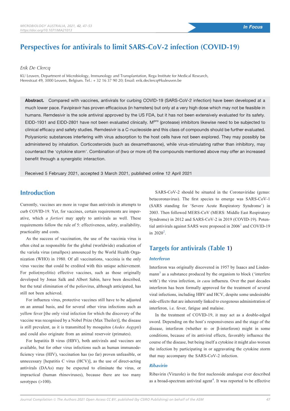 Perspectives for Antivirals to Limit SARS-Cov-2 Infection (COVID-19)