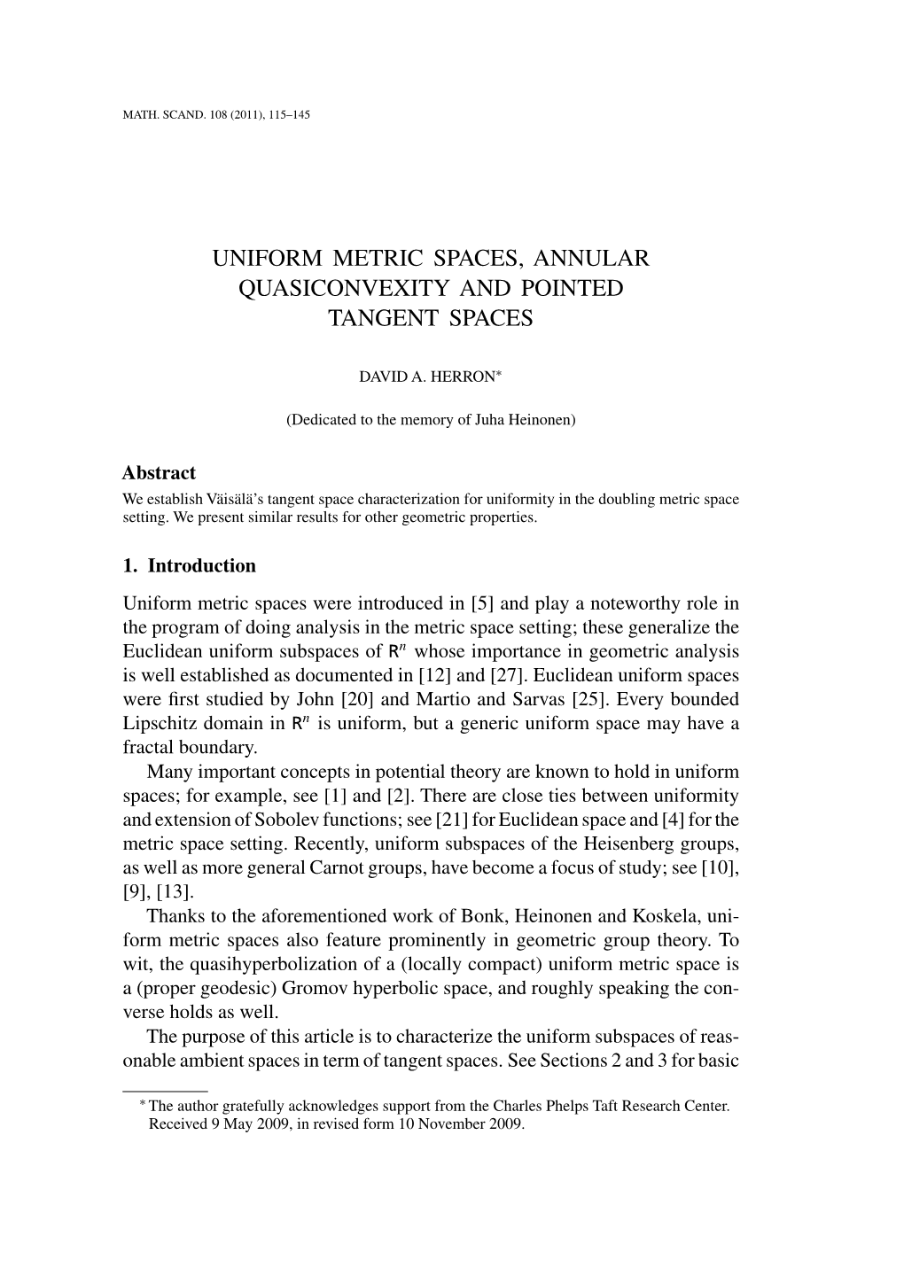 Uniform Metric Spaces, Annular Quasiconvexity and Pointed Tangent Spaces