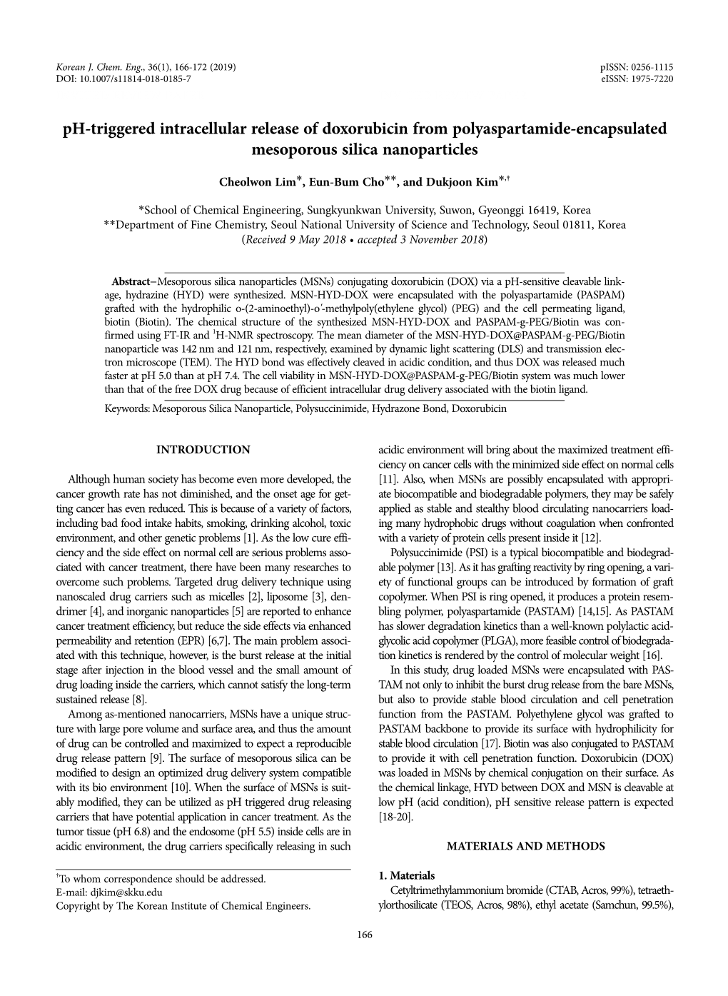 Ph-Triggered Intracellular Release of Doxorubicin from Polyaspartamide-Encapsulated Mesoporous Silica Nanoparticles