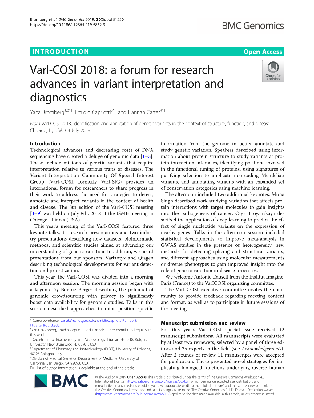 View Hkcarter@Ucsd.Edu †Yana Bromberg, Emidio Capriotti and Hannah Carter Contributed Equally to for This Year’S Vari-COSI Special Issue Received 12 This Work