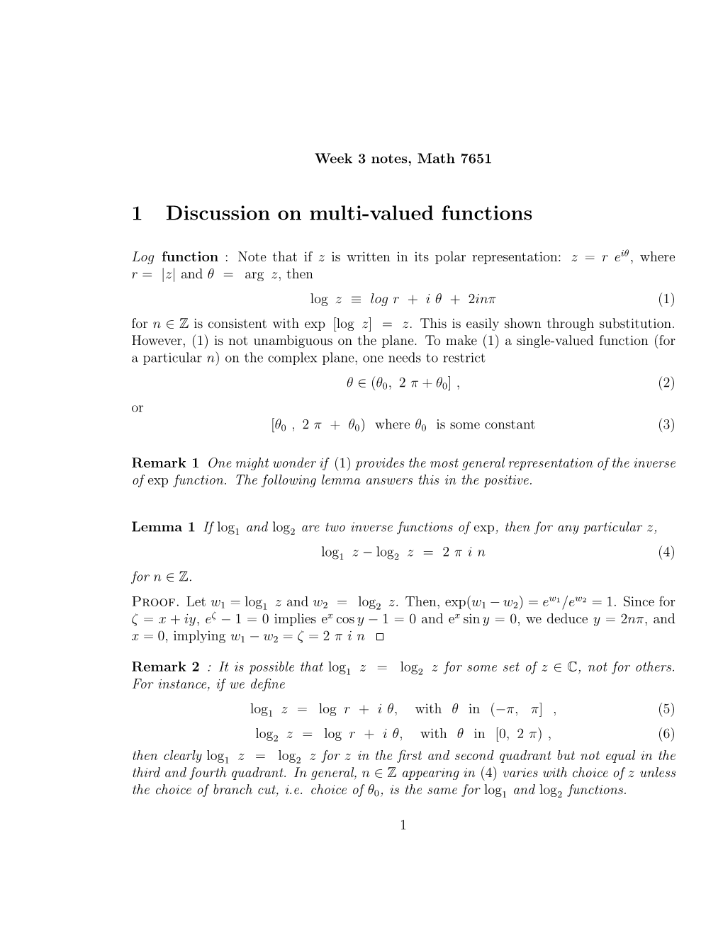 1 Discussion on Multi-Valued Functions