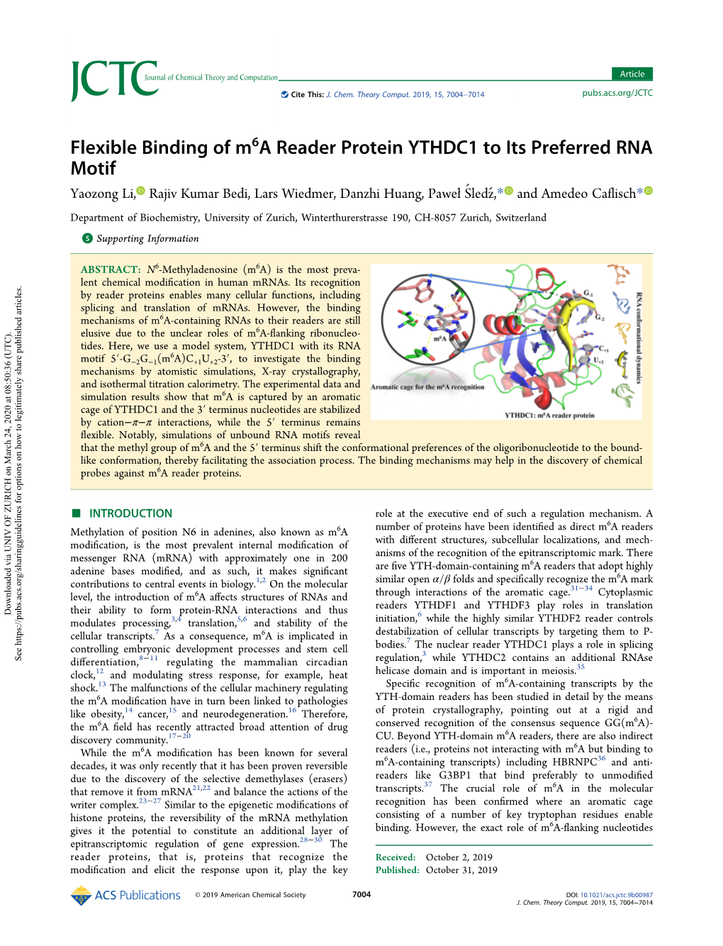 Flexible Binding of M6a Reader Protein YTHDC1 to Its Preferred