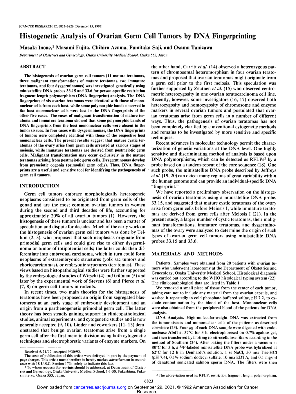 Histogenetic Analysis of Ovarian Germ Cell Tumors by DNA Fingerprinting