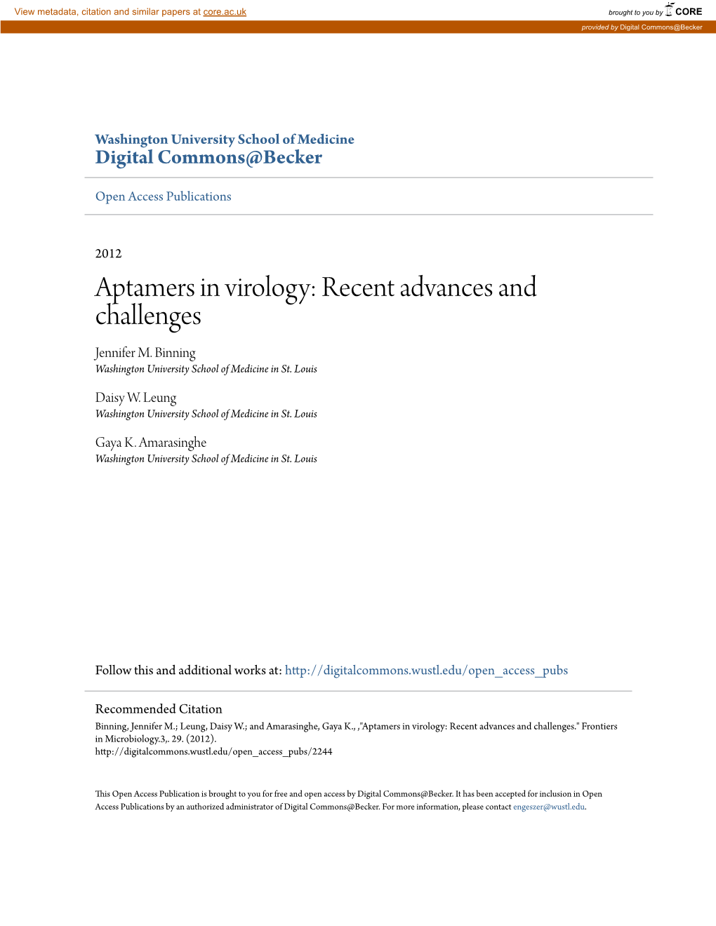 Aptamers in Virology: Recent Advances and Challenges Jennifer M