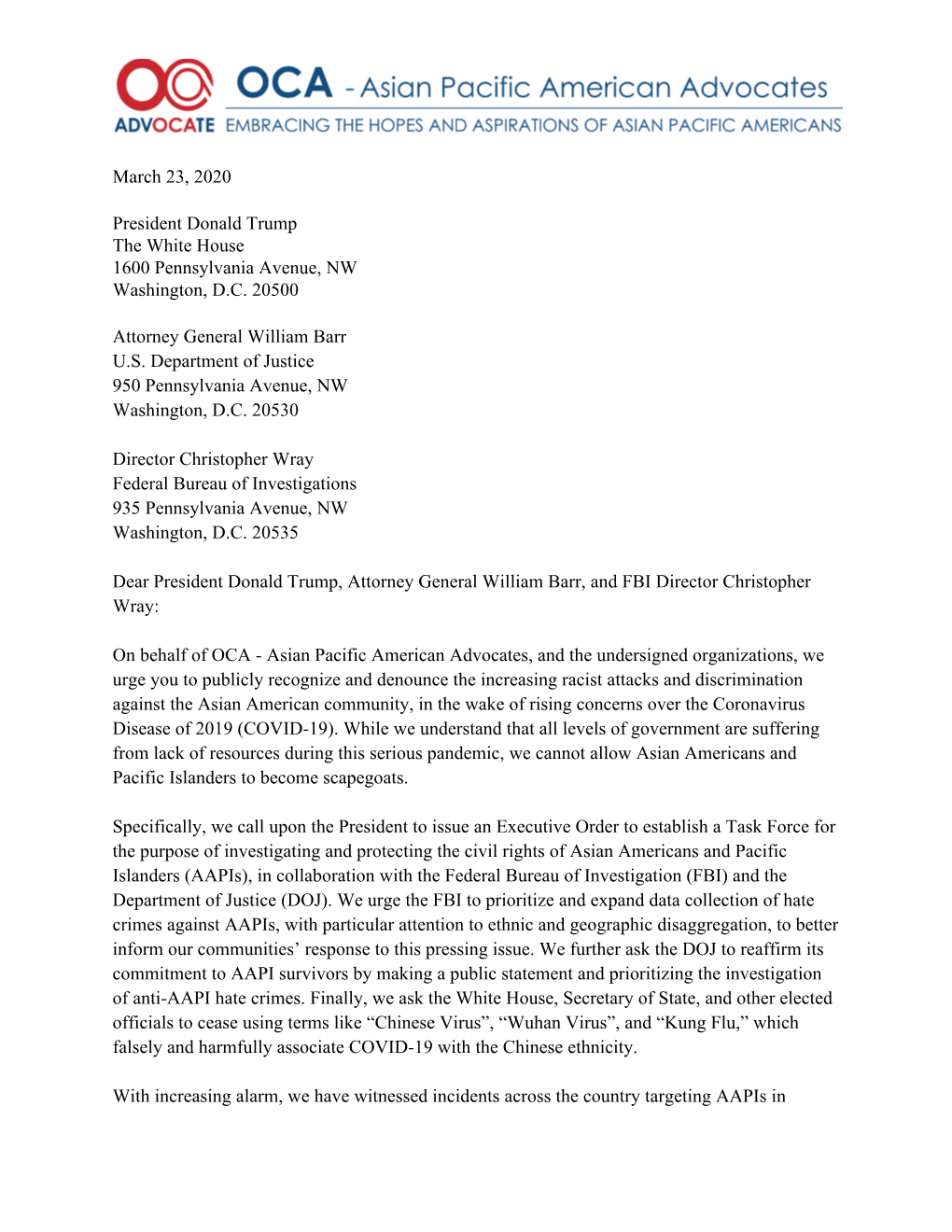 OCA Letter to President