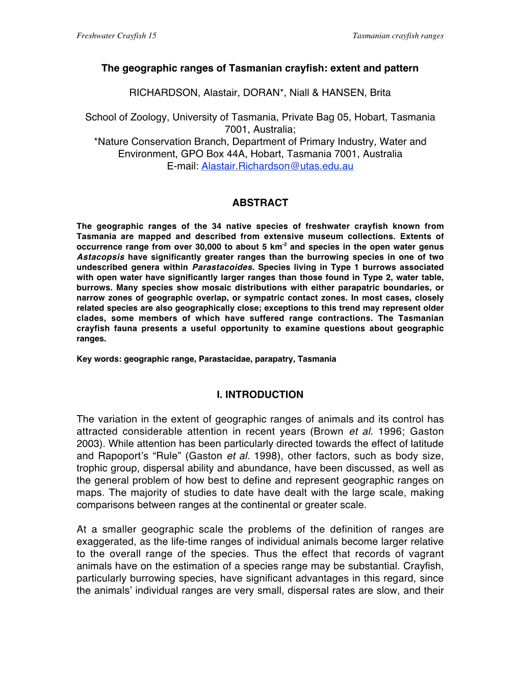 The Geographic Ranges of Tasmanian Crayfish: Extent and Pattern