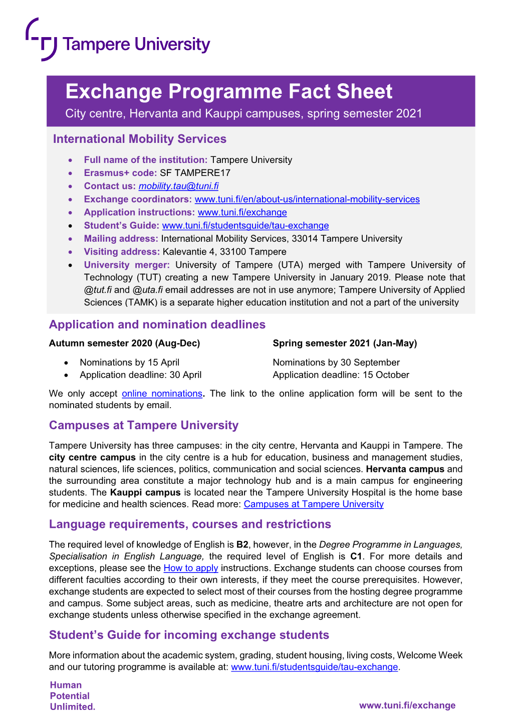 Tampere University Exchange Programme Fact Sheet, Spring