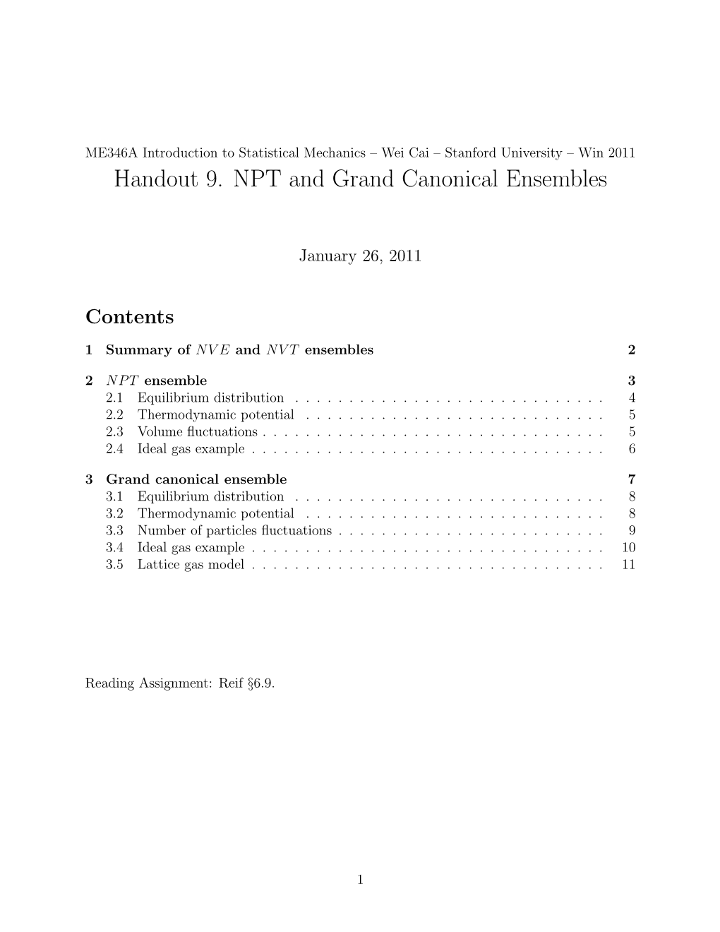 Handout 9. NPT and Grand Canonical Ensembles