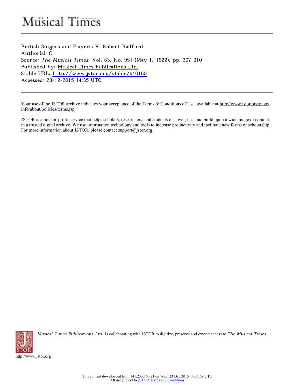 British Singers and Players: V. Robert Radford Author(S): C. Source: the Musical Times, Vol